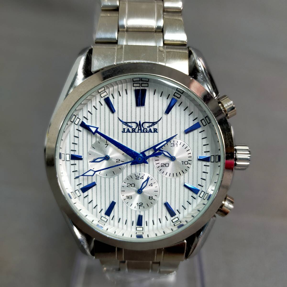 564/30　GJ60452　JARAGAR　A055　自動巻き　裏蓋スケルトン　シルバーカラー×ホワイト　メンズ　稼働　腕時計_画像1