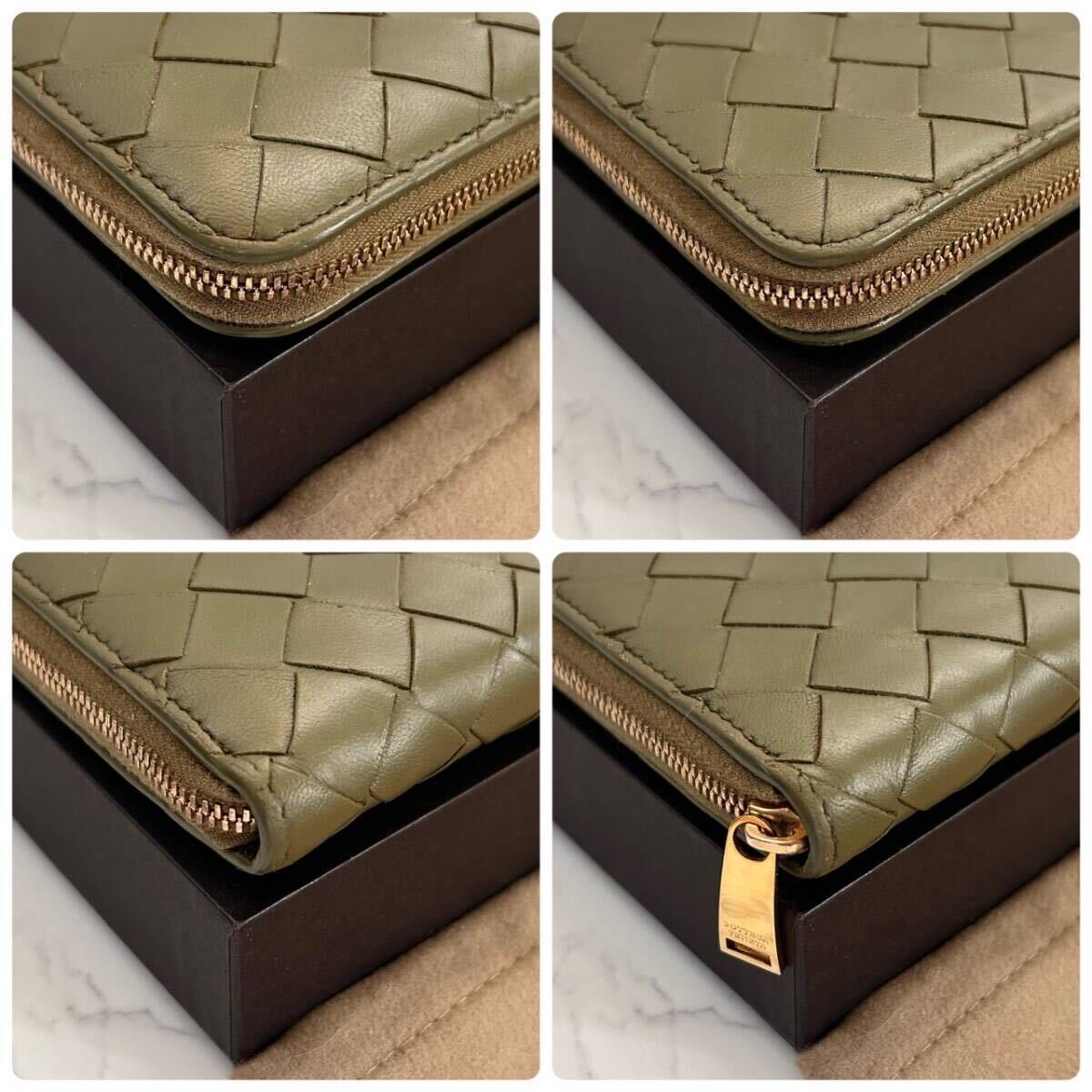 ★【極美品！希少！】 BOTTEGA VENETA ボッテガヴェネタ イントレチャート 長財布 ラウンドファスナー グリーン系 定価7.8万 96の画像6