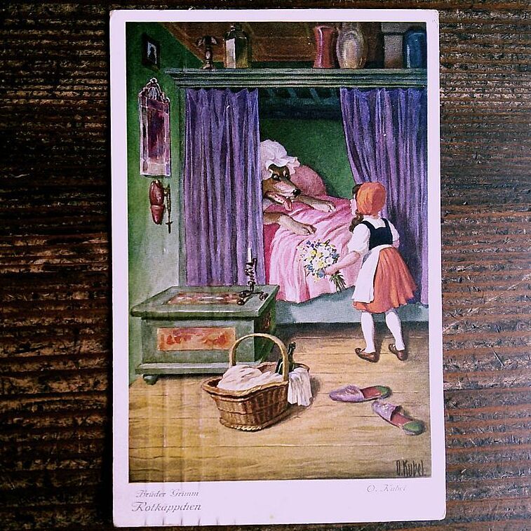 O. Kubel (17)◆N12 赤ずきんちゃん 子供 少女 オオカミ イラスト アンティークポストカード ビンテージ 外国絵葉書 ドイツ_画像1