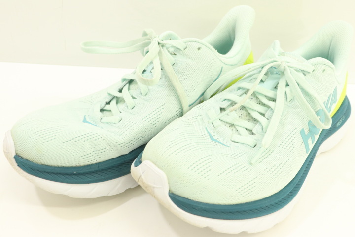 【中古】 HOKA ONE ONE メンズスニーカー 25.5cm MACH4 HOKA ONE ONE 25.5cm 水色 アクアブルー 黄 イエロー ロゴ_画像1