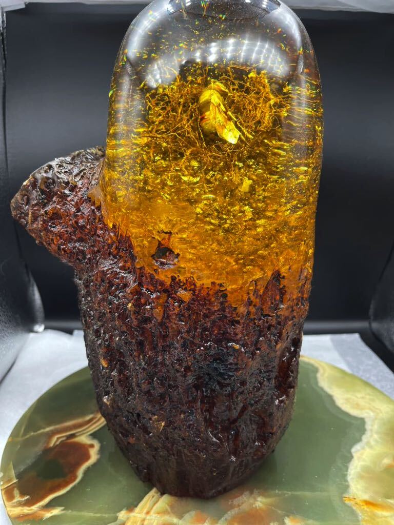 [ huge amber ]* ornament * natural stone pedestal attaching *4kg*