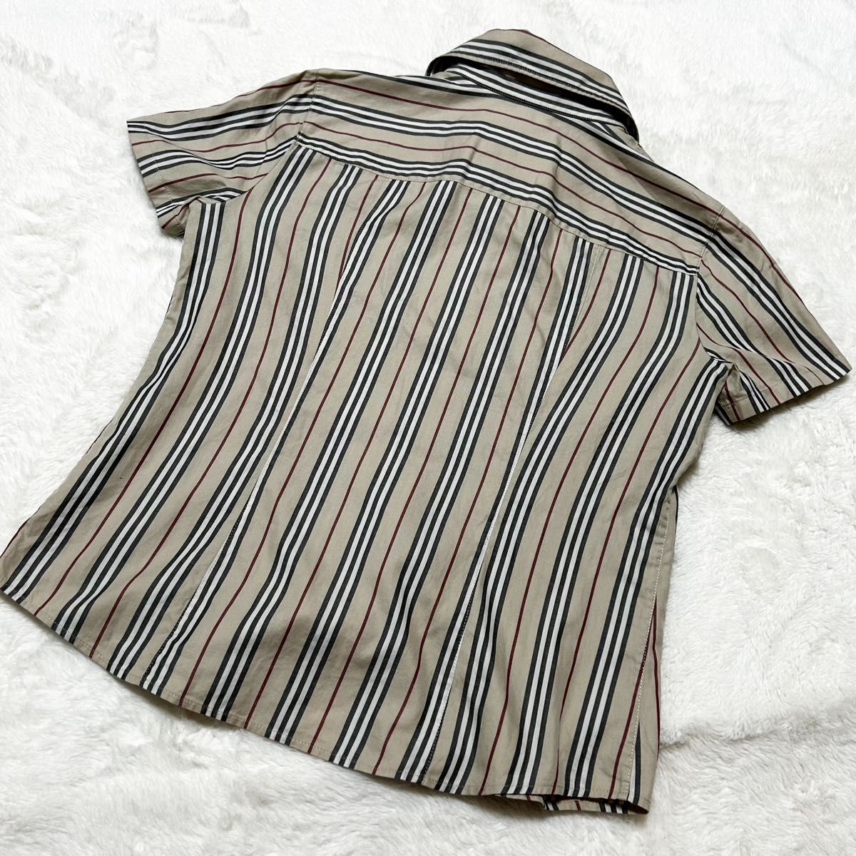 美品　バーバリーロンドン　半袖シャツ　ブラウス　ストライプ　ホースマーク　ベージュ　42 XL 大きいサイズ
