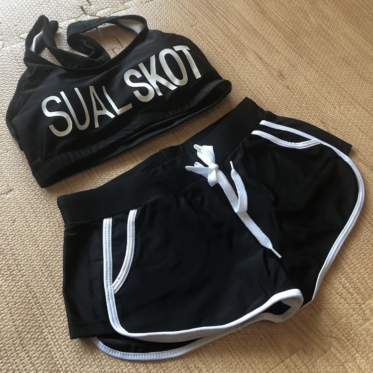  lady's swimsuit separate L Rush Guard leggings short pants body type cover fitness black black sea pool leisure 