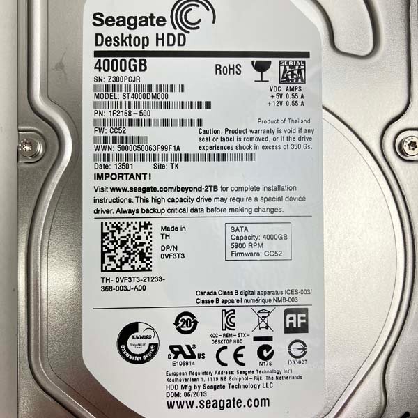 ディスク Seagate Desktop HDD 4000GB ST4000DM000-1F2168 電源投入回数10回 4TB 使用時間0時間 中古 ※ほぼ未使用品 データ消去済みの画像2