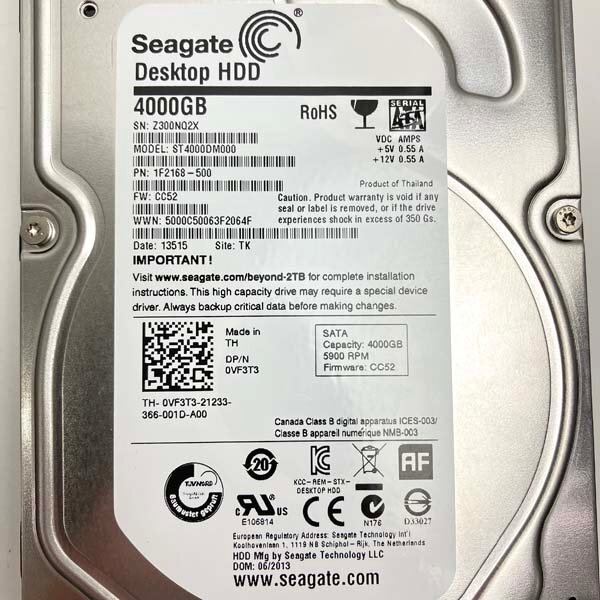 e)Seagate シーゲート デスクトップPC用内蔵ハードディスク 4TB ST4000DM000-1F2168 4000.7GB 476時間使用 中古 ※データ消去済 エラー無しの画像2