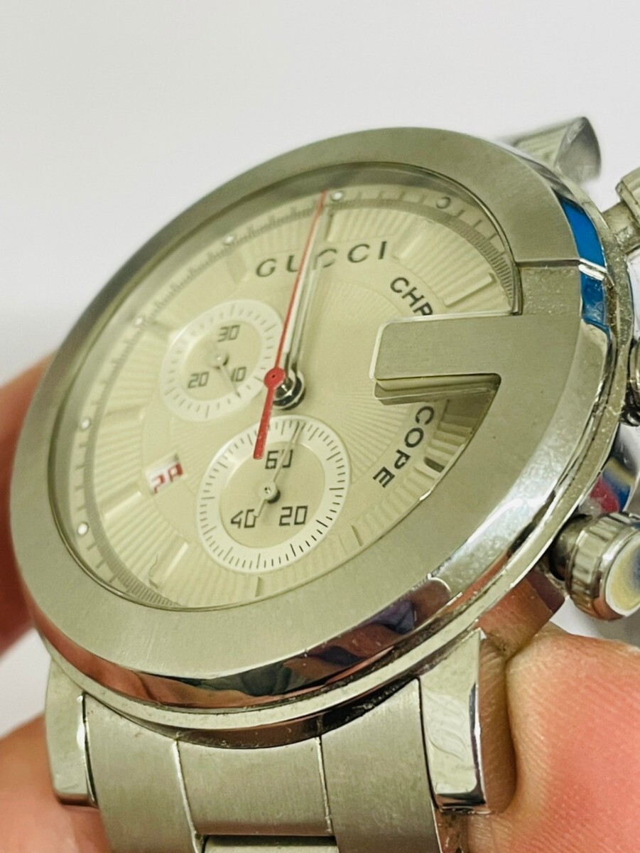 中古美品 不動 GUCCI 腕時計 CHRONOSCOPE グッチ 101M chrono ホワイト文字盤 クォーツ クロノグラフ 4128の画像9