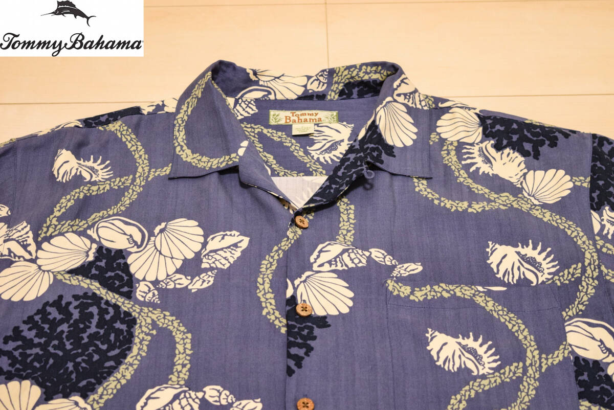 TommyBahama トミーバハマ 高級 シルク 100% 開襟 オープンカラー ココナッツボタン 半袖 アロハシャツ XL 夏 (R0042602)_画像1