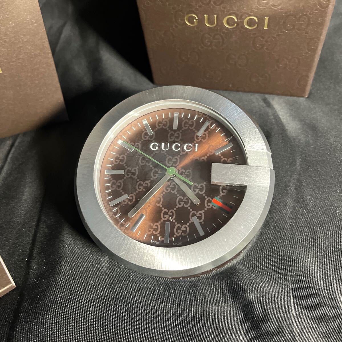 GUCCI 置時計箱付き箱付 説明書付きグッチ GUCCI シェリーライン グッチシマ Gクロック クォーツ 時計 テーブルロック ブラウン文字盤 