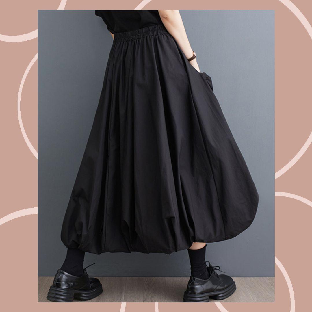 スカート　バルーン　ロング　黒　シンプル　体型カバー　アジアン