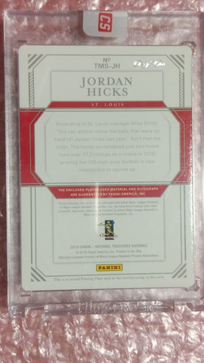 送込 1of1 1枚限定 2019 Panini National Treasures Treasured Material Signatures Printing Plate Syan TMS-JH Jordan Hicks 直筆サイン