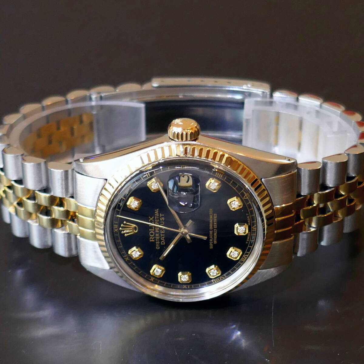 ★デッドS級極美品!!■ROLEX デイトジャスト■10Pダイヤ ブラック文字盤■R1601★OH済の画像4