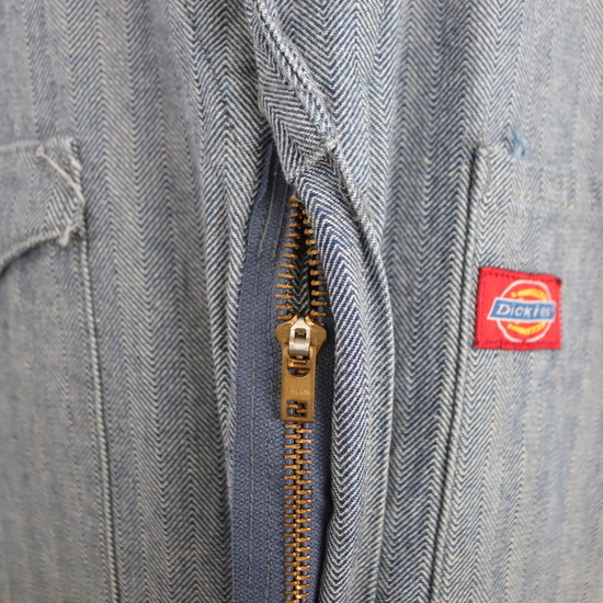 g274 80sビンテージ Dickies ディッキーズ オールインワン■1980年代製 表記46 ブルー 青 ヘリンボーン つなぎ TALON ワーク 古着卸 古着_画像7