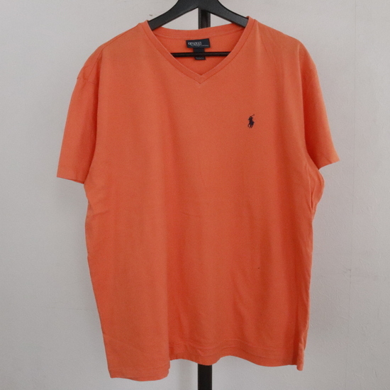 G382 2000年代製 RalphLauren ラルフローレン 半袖Tシャツ■00s 表記Lサイズ オレンジ Vネック 無地 アメカジ ストリート 古着 古着卸 90s_画像1