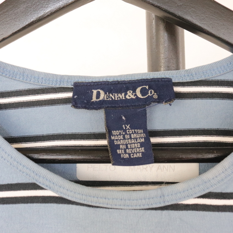 W340 90s Vintage DENIM&CO короткий рукав окантовка футболка #1990 годы производства надпись XL размер женский синий blue American Casual Street б/у одежда супер-скидка редкий 