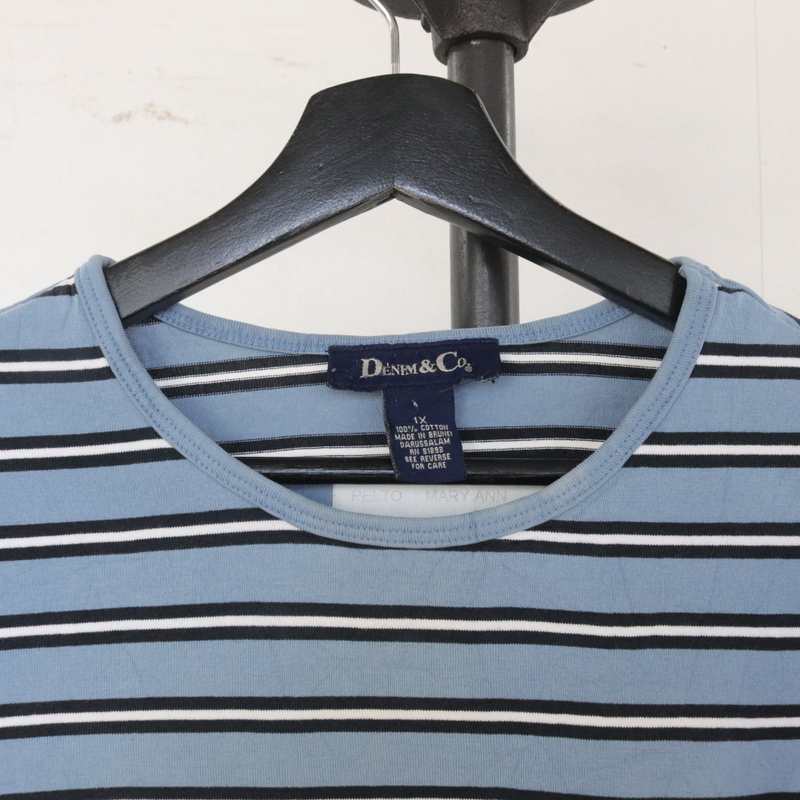 W340 90s Vintage DENIM&CO короткий рукав окантовка футболка #1990 годы производства надпись XL размер женский синий blue American Casual Street б/у одежда супер-скидка редкий 