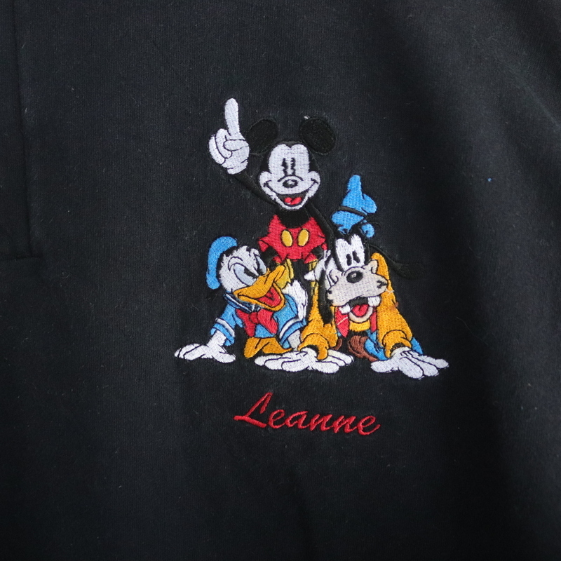h32 90sビンテージ Disney ディズニー 長袖Tシャツ USA製■1990年代製 約Lサイズ ブラック 黒 ヘンリーネック ミッキー 刺繍 ロンT 古着卸の画像6