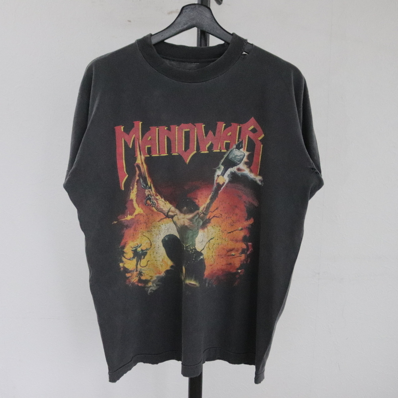 L498 90sビンテージ MANOWAR 半袖プリントTシャツ■1990年代製 Lサイズくらい 黒 ブラック バンド ロック アメカジ ストリート 古着 古着卸_画像1