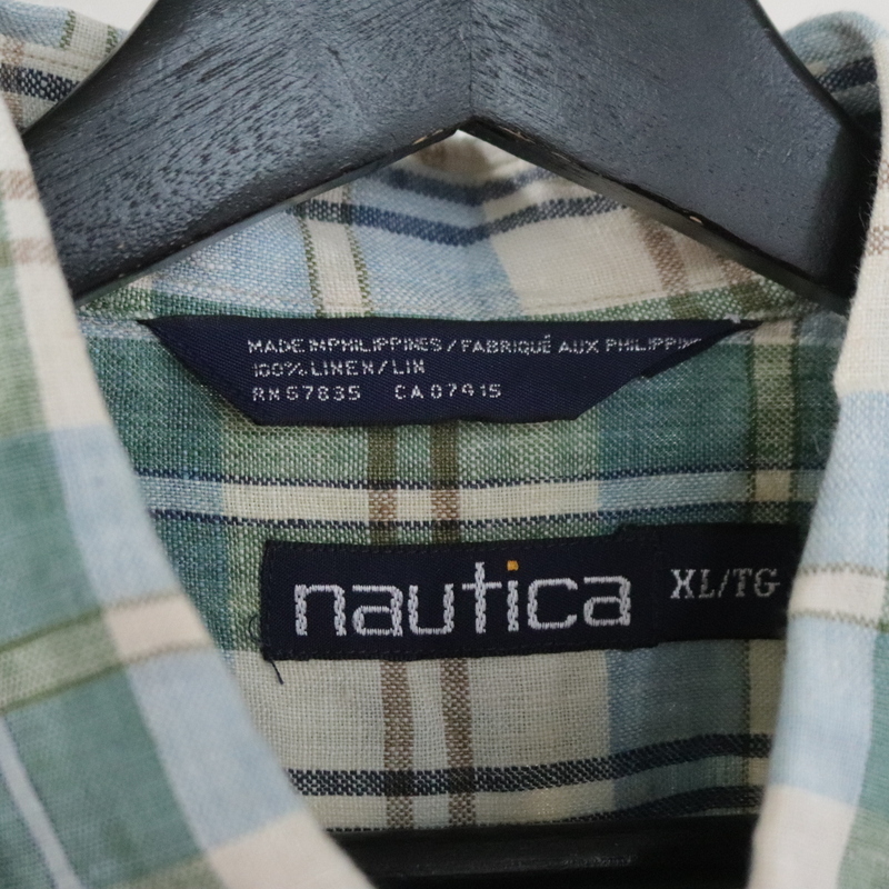 E436 90sビンテージ NAUTICA ノーチカ リネン 半袖 ボタンダウンシャツ チェック■1990年代製 表記XLサイズ グリーン アメカジ 古着卸 80sの画像3