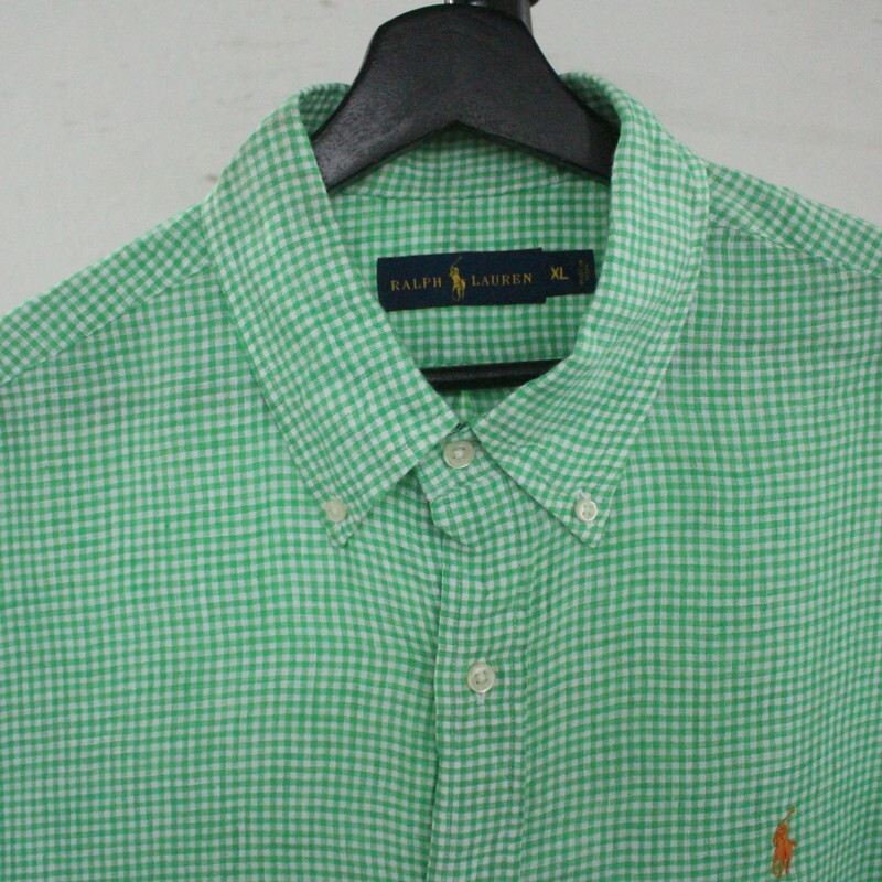 D421 2000 годы производства Ralph Lauren linen короткий рукав проверка рубашка #00s надпись XL размер зеленый American Casual кнопка down Street POLO 90s 80s