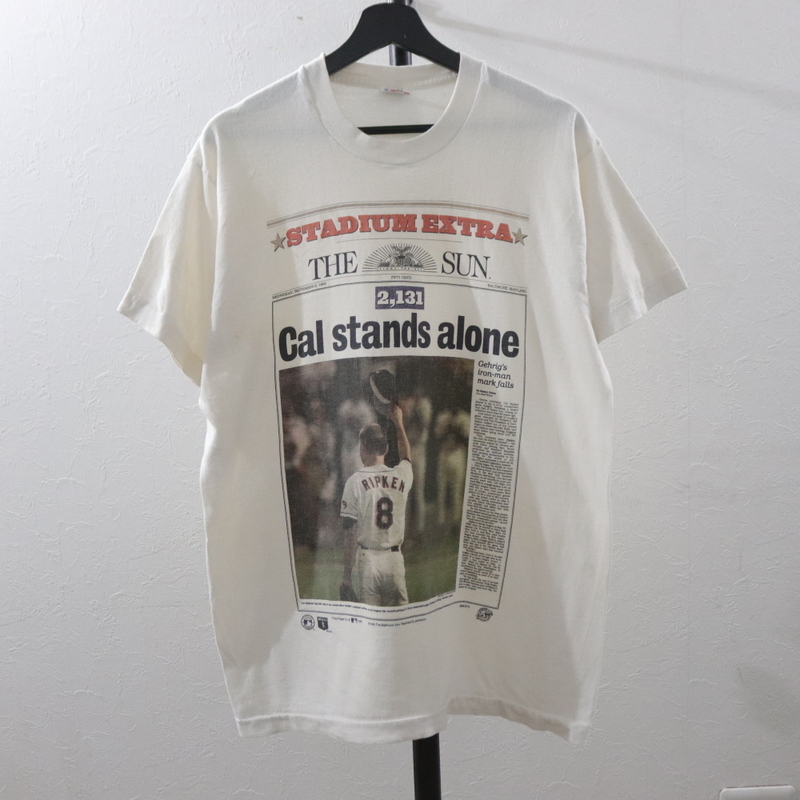 L325 90sビンテージ フルーツオブザルーム MLB カルリプケン プリントTシャツ USA製■1990年代製 表記Lサイズ 白 ホワイト アメカジ 80s_画像1