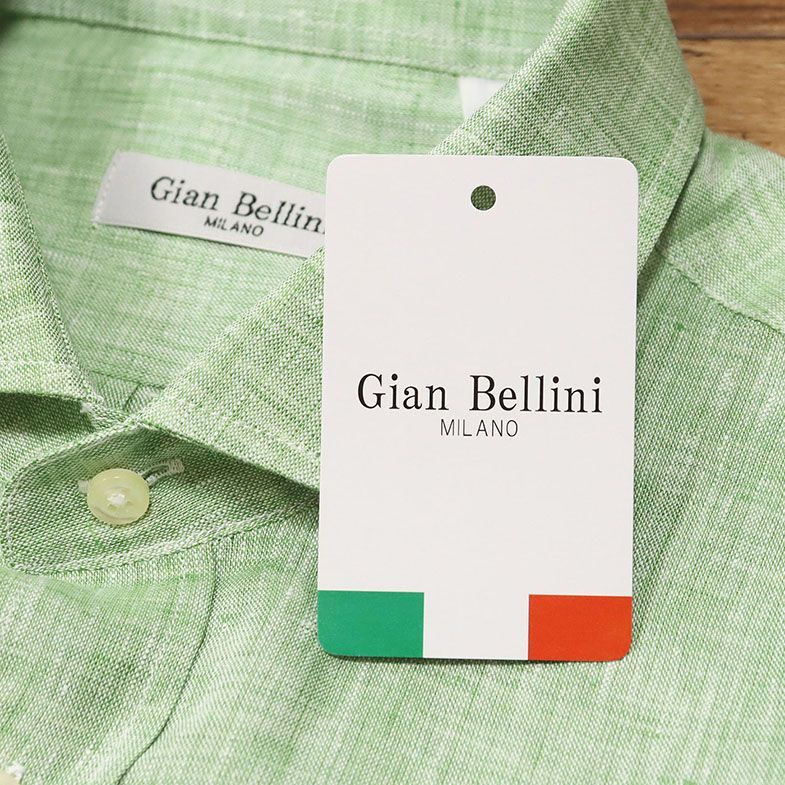 1円/春夏/Gian Bellini/Mサイズ/イタリー製シャツ 清涼 リネン 涼しい 無地 カッタウェイ 胸ポケット 長袖 新品/緑/グリーン/gd118/_画像5