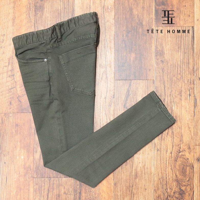 1円/春夏/TETE HOMME/Sサイズ/訳 美脚パンツ ストレッチ ツイル ガーメントダイ 無地 テーパード 新品/カーキ/ig109/_画像1