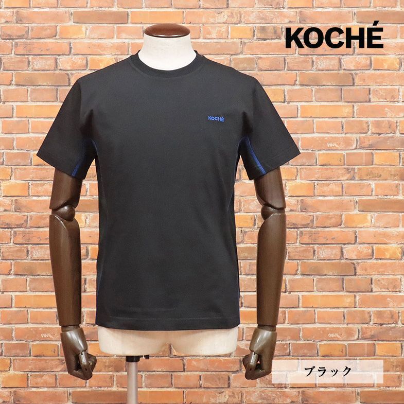 1円/2023春夏/KOCHE/Mサイズ/イタリア製Tシャツ ジャージー 伸縮性◎ ステッチ装飾 ロゴ刺繍 クルーネック 半袖 新品/黒/ブラック/id261/の画像1