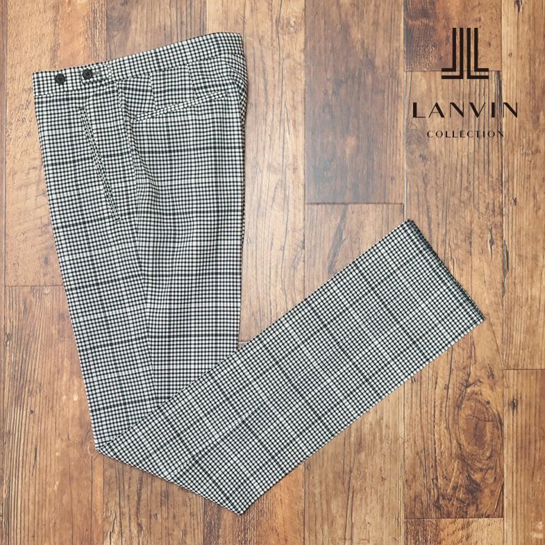 春夏/LANVIN COLLECTION/50サイズ/国産スラックス パンツ なめらか清涼サマーウール チェック柄 ノータック 美脚 新品/黒×白/ib184/_画像1