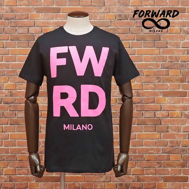 1円/Forward MILANO/Sサイズ/訳 イタリア製Tシャツ ジャージー伸縮 ロゴ プリント クルーネック 半袖 新品/黒/ブラック/ic608/の画像1