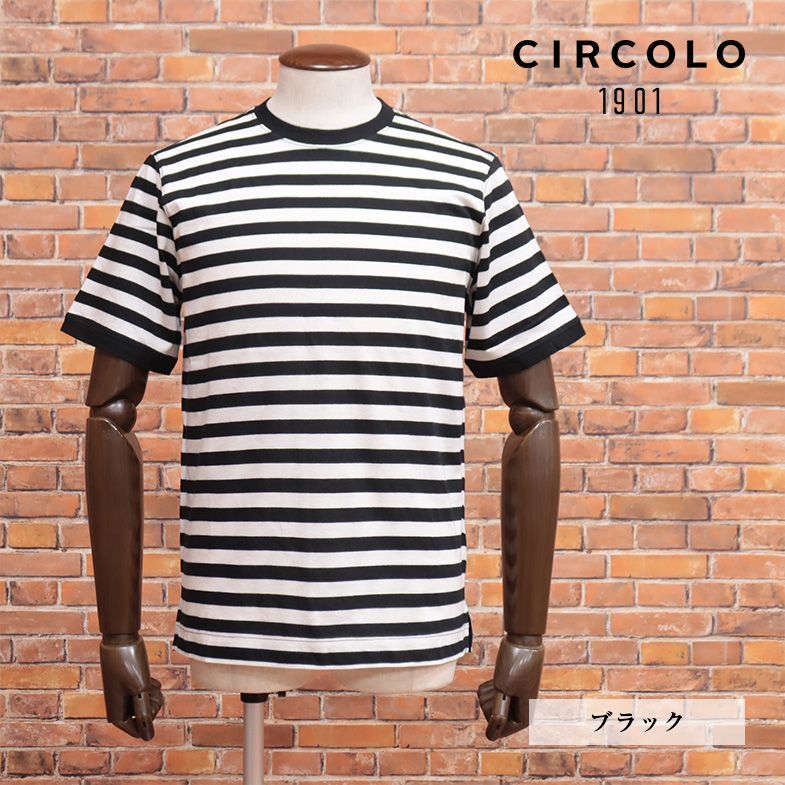 23SS/CIRCOLO 1901/Lサイズ/ボーダーTシャツ CN3976 なめらか天竺ジャージー 丸首 定番 半袖 新品/黒/ブラック/ib258/_画像1