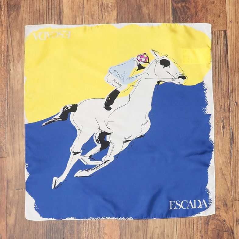 1円/ESCADA/シルク ツイル 正方形 スカーフ イタリア製 ジョッキー ホース 馬 競馬 乗馬 インポート エスカーダ 新品/青×黄/iz637/_画像2