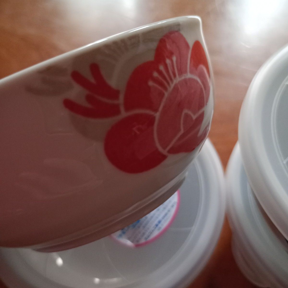 たち吉　ノンラップ　パック陶器小鉢4個セット　日本製　電子レンジOK 　鶴亀　新品未使用　赤青　保存容器　エコラップ  食器