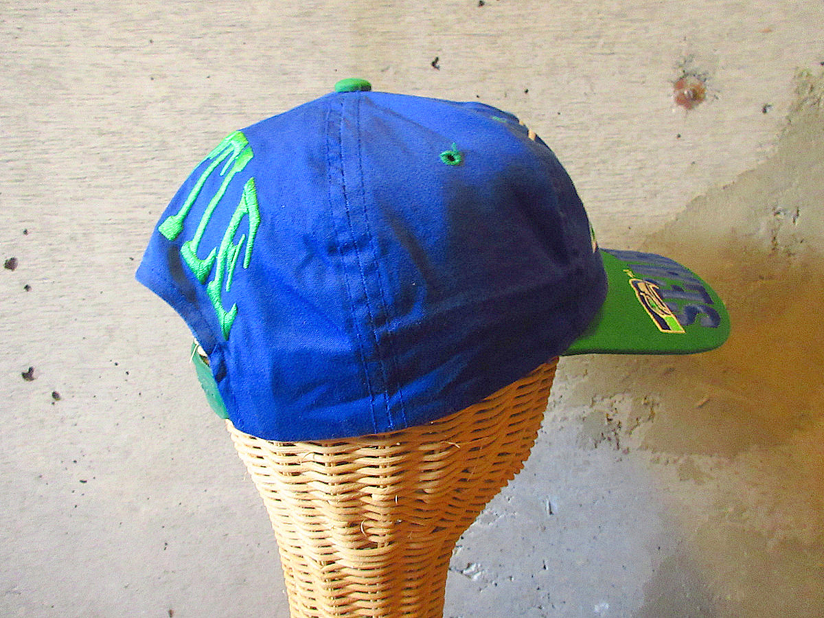 ビンテージ90’s●SEAHAWKSスナップバックキャップ青×緑●240401j4-m-cp-bbシアトルシーホークス1990s帽子古着の画像3