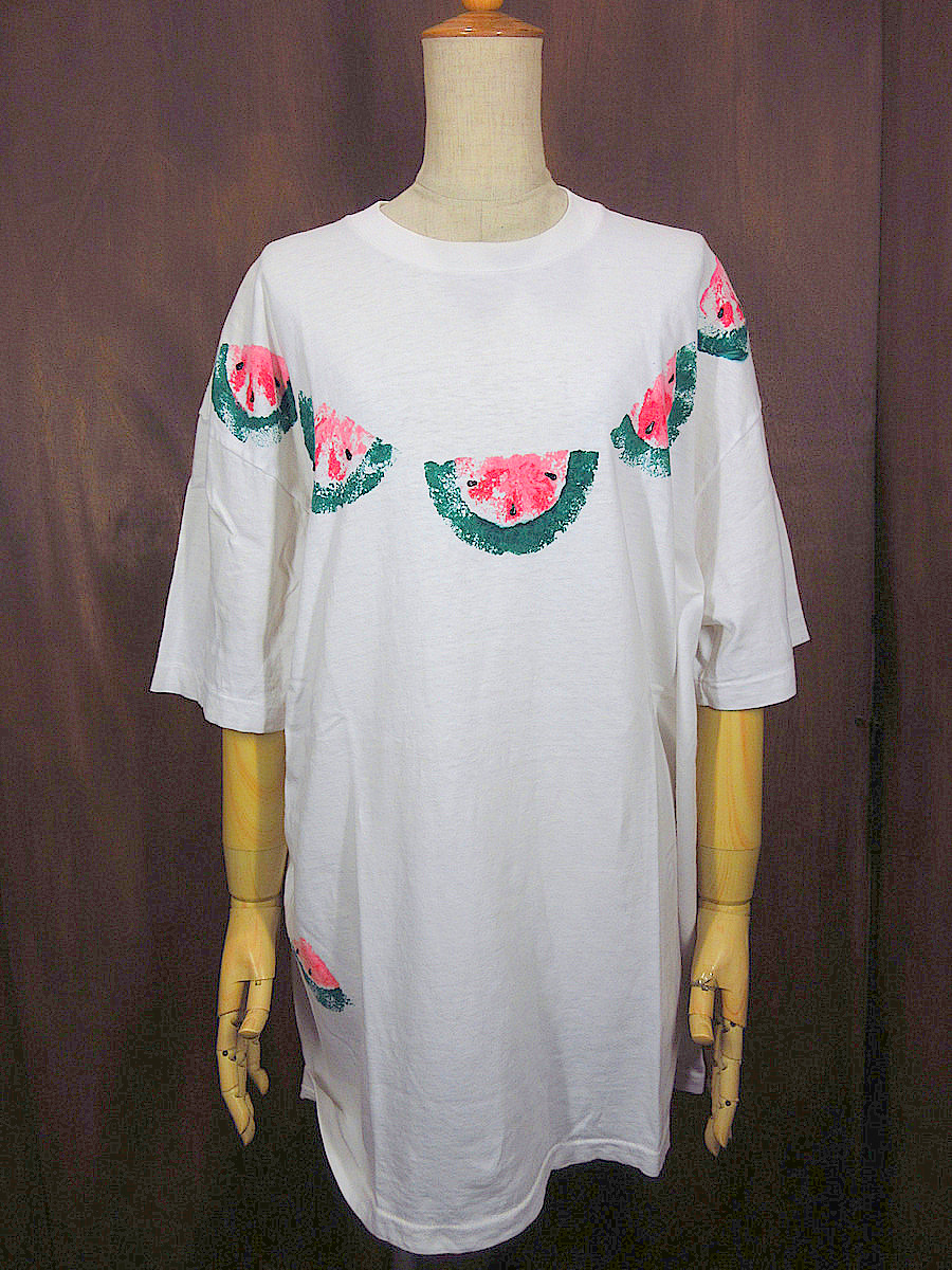 ビンテージ90's●スイカハンドペイント半袖Tシャツ白size XL●240406j4-m-tsh-otシングルステッチ古着1990sアート_画像1