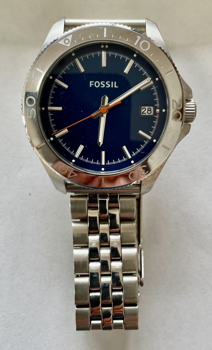 FOSSIL クォーツネイビー文字盤。AM4478 741305 回転ベゼル 動作確認電池交換済みの画像2