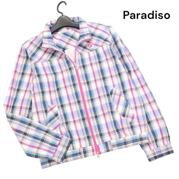 Paradiso パラディーゾ 通年 ロゴ刺繍♪ マドラス チェック コットン ブルゾン ジャケット Sz.L　レディース ゴルフ　K4T00461_4#O_画像1