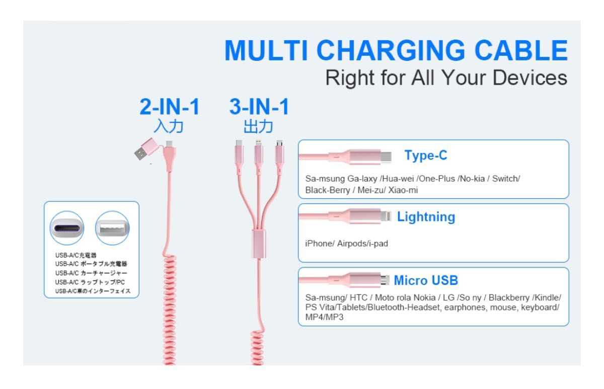 充電ケーブル　3in2   ライトニング　USB-C   Type-C  ピンク【新品未使用】