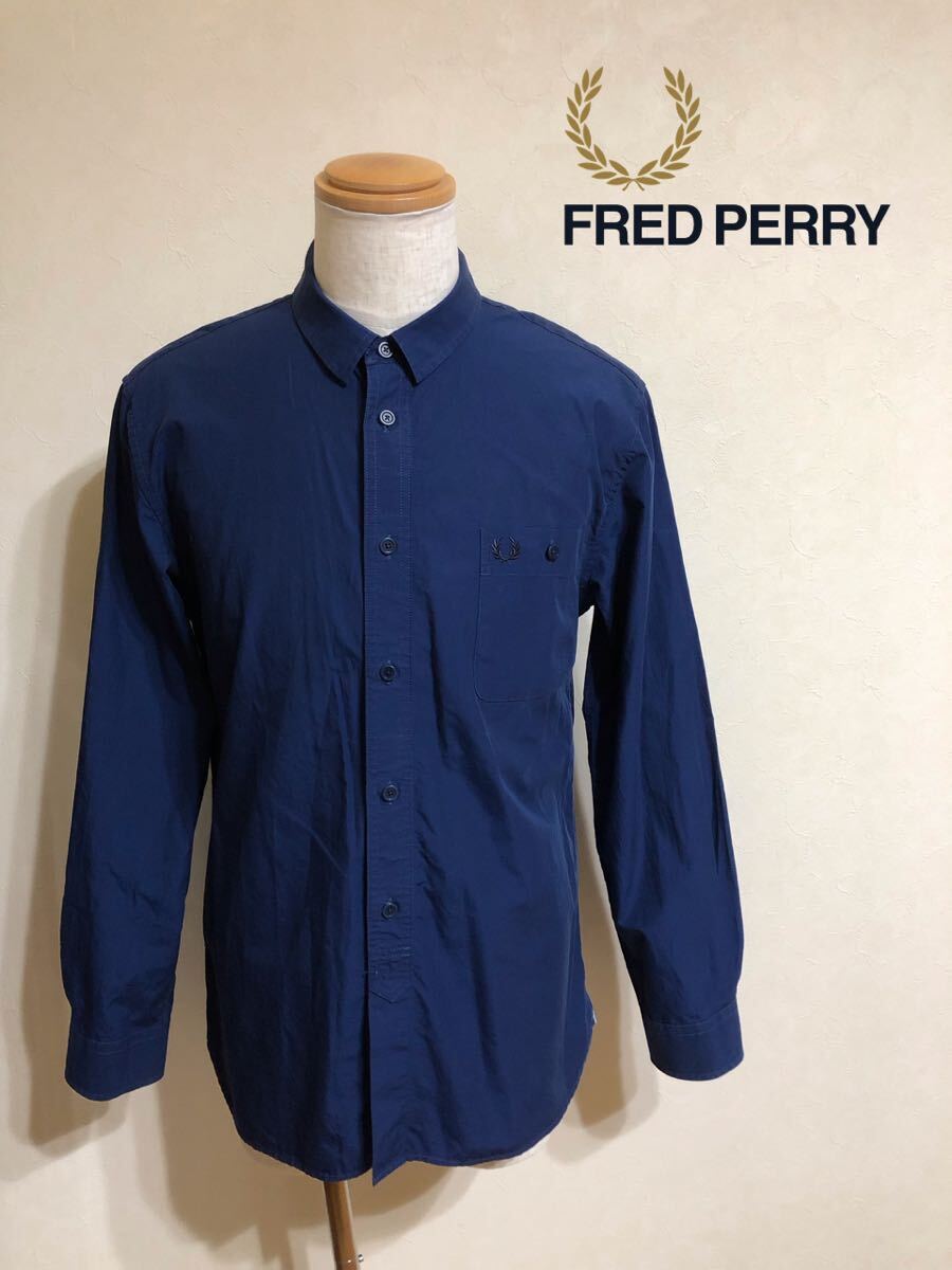 FRED PERRY フレッドペリー ジャパンフィット コットン シャツ トップス サイズXL 長袖 ネイビー M2325J_画像1