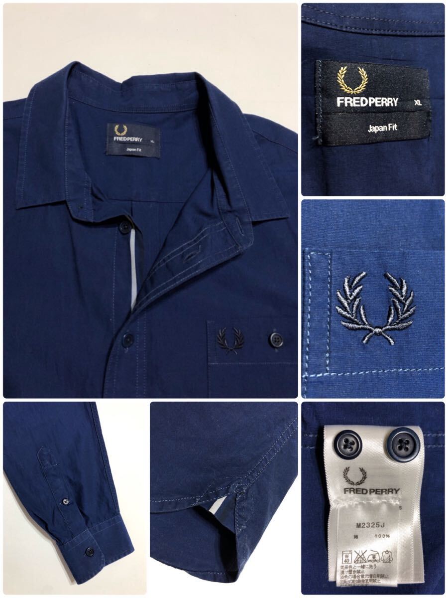 FRED PERRY フレッドペリー ジャパンフィット コットン シャツ トップス サイズXL 長袖 ネイビー M2325J_画像5