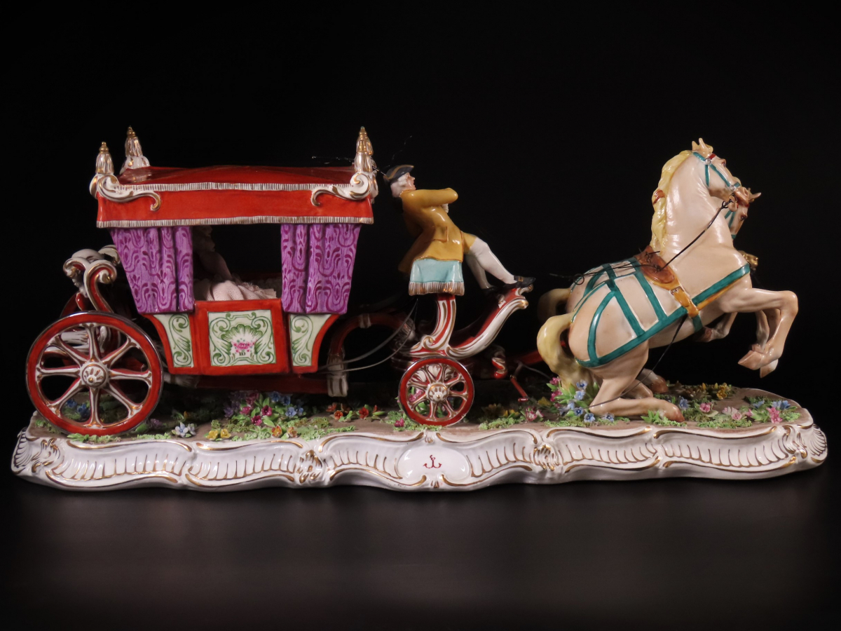 【晃】Luigi Fabris ルイージ・ファブリス 最大級作品 『貴族馬車像』 彩色陶器人形 ポーセリンドール 幅55.5cm 極上細密造 西洋美術_画像4