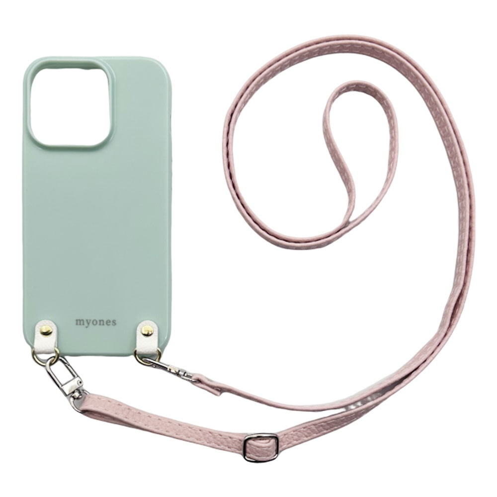 iPhone14 Pro（くすみグリーン/ピンク）PUレザー ソフトケース スマホショルダー 肩掛け 首かけ 斜めがけ かわいい 韓国_画像1