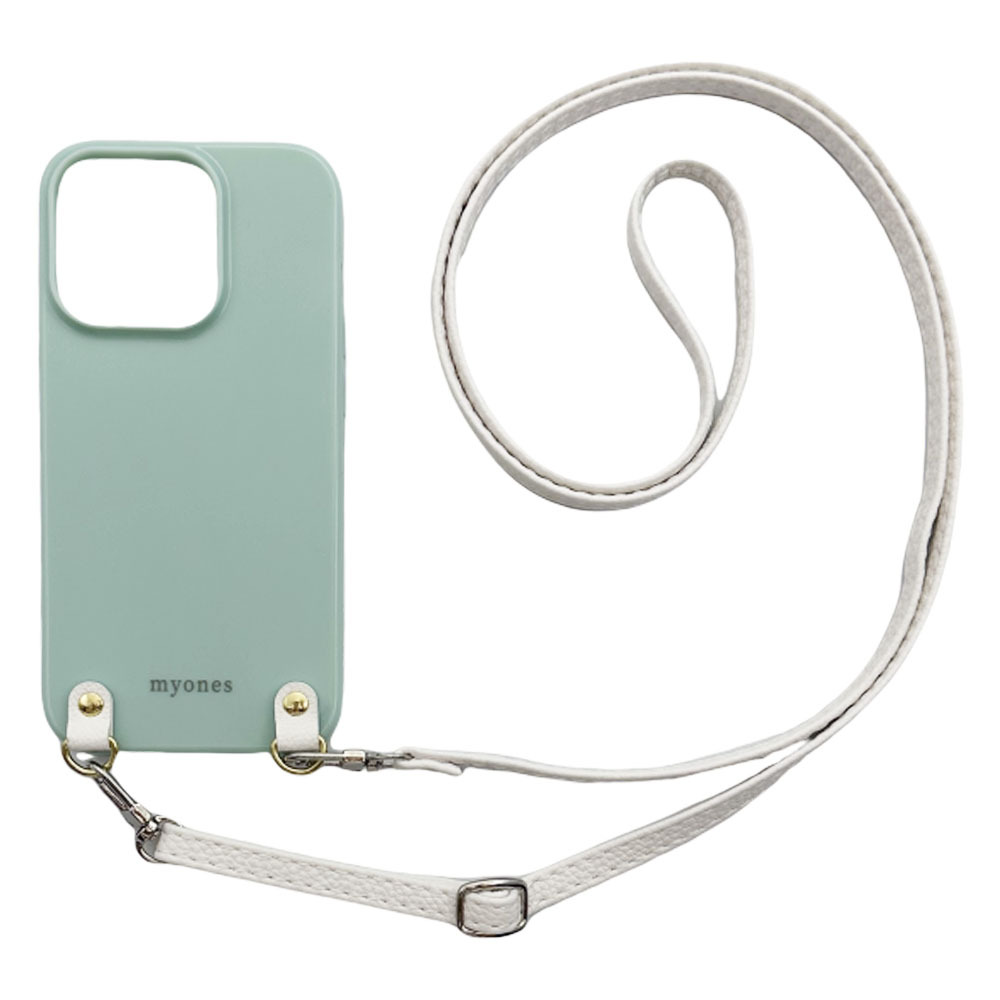 iPhone14 Pro（くすみグリーン/ホワイト）PUレザー ソフトケース スマホショルダー 肩掛け 首かけ 斜めがけ かわいい 韓国_画像1