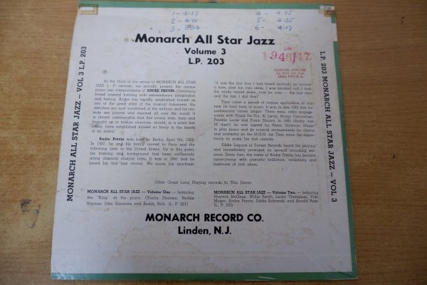 U3-268＜10inch/カラー盤/US盤＞Andre Previn / Monarch All Star Jazz Volume 3の画像2