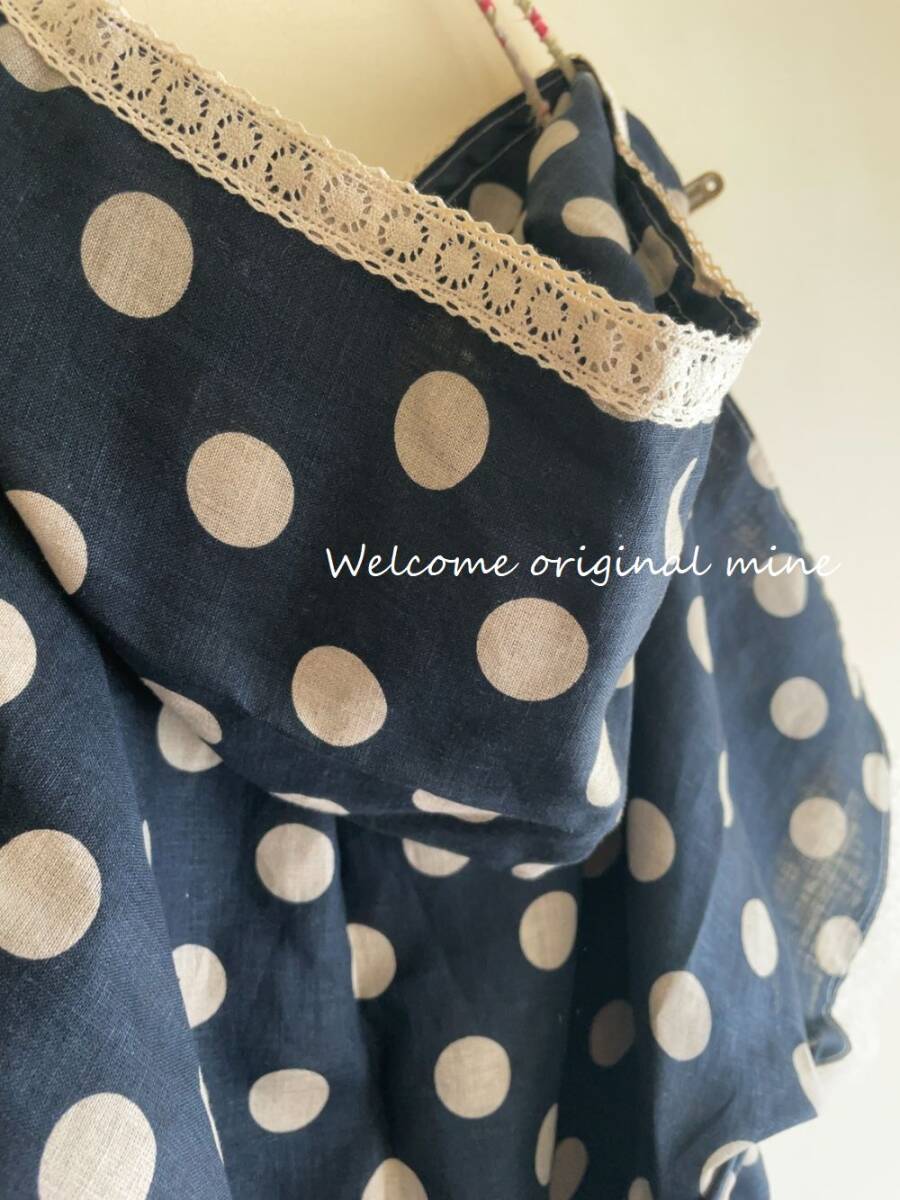 C-1　リネンネイビードット＆cottonレースパーカートップス handmade_画像5