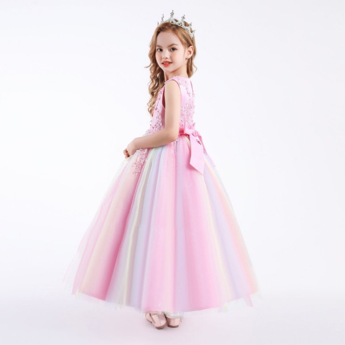 130㎝ ピンク 刺繍 カラフル レインボー ロング ドレス 子供ドレス パール付き 上品 ドレス 人気