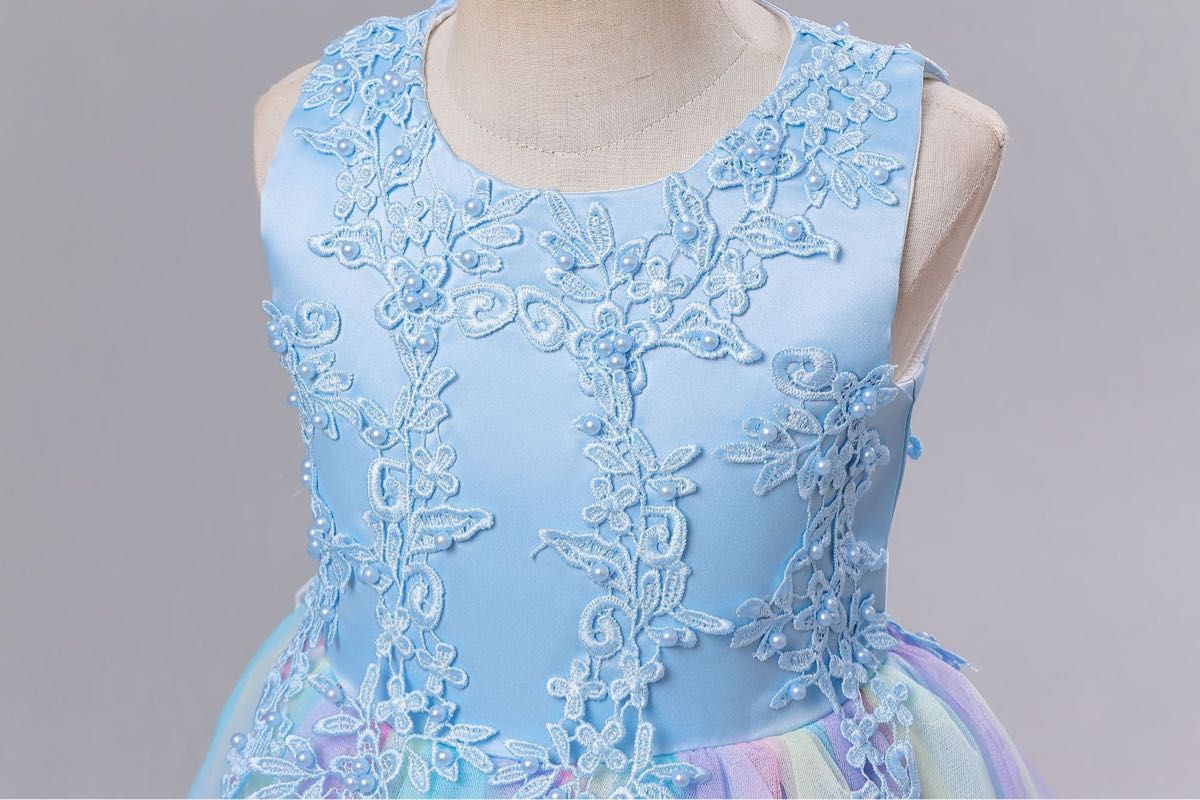 140㎝ ブルー カラフル 刺繍 レインボー ロング ドレス 子供ドレス パール付き上品 ドレス　人気
