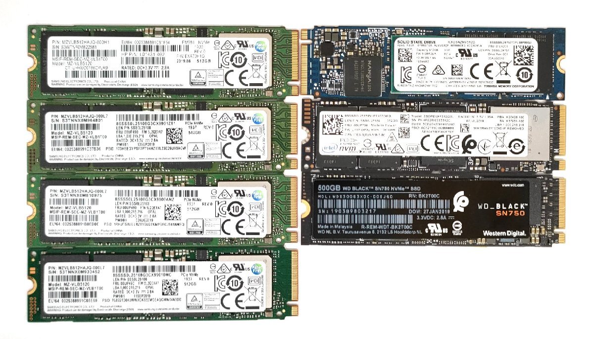 １円～【CD info正常・動作品】 Intel SAMSUNG TOSHIBA WD NVMe SSD 512GB 7枚セット(512GB/PCIe/NVMe/Gen3/2280)5127setの画像1