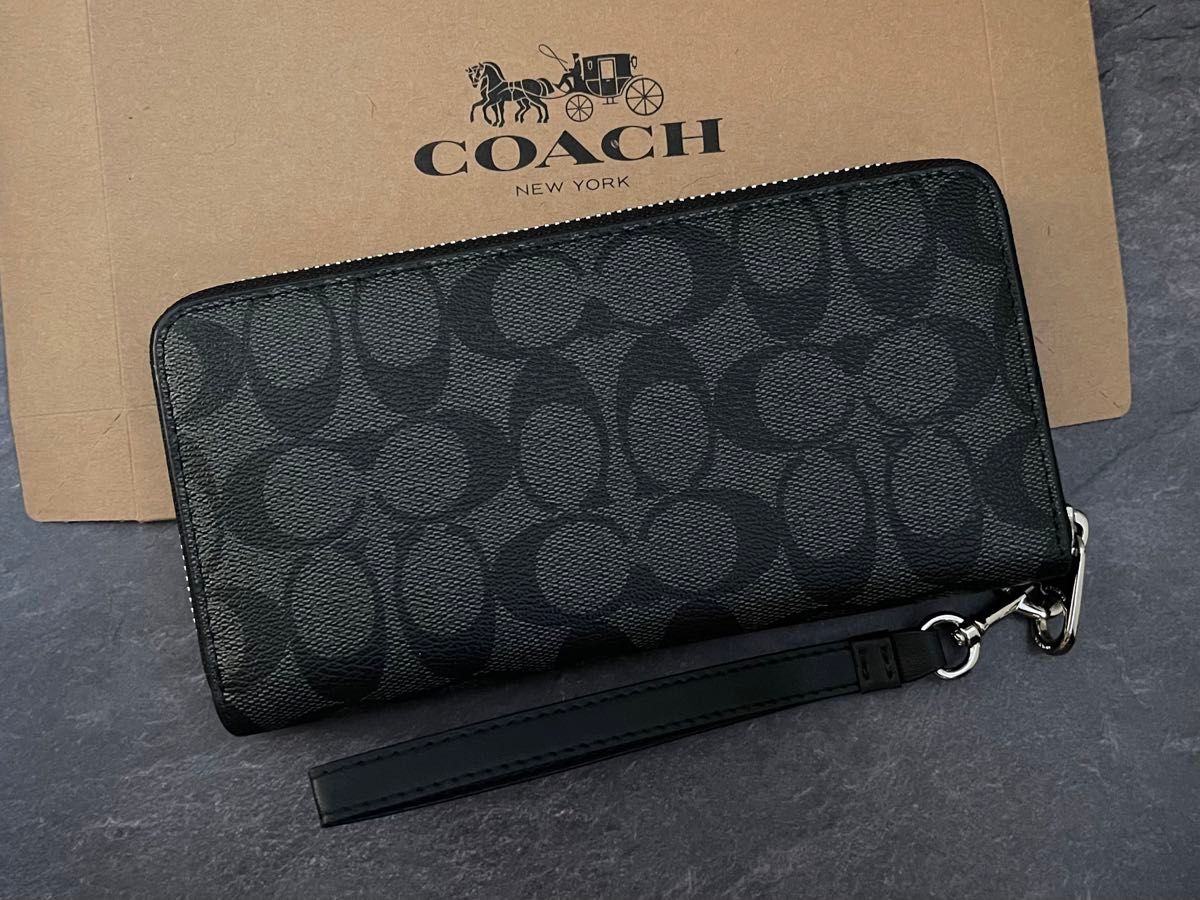 【新品】coach 財布 長財布 メンズ レディース ブラック コーチ シグネチャー