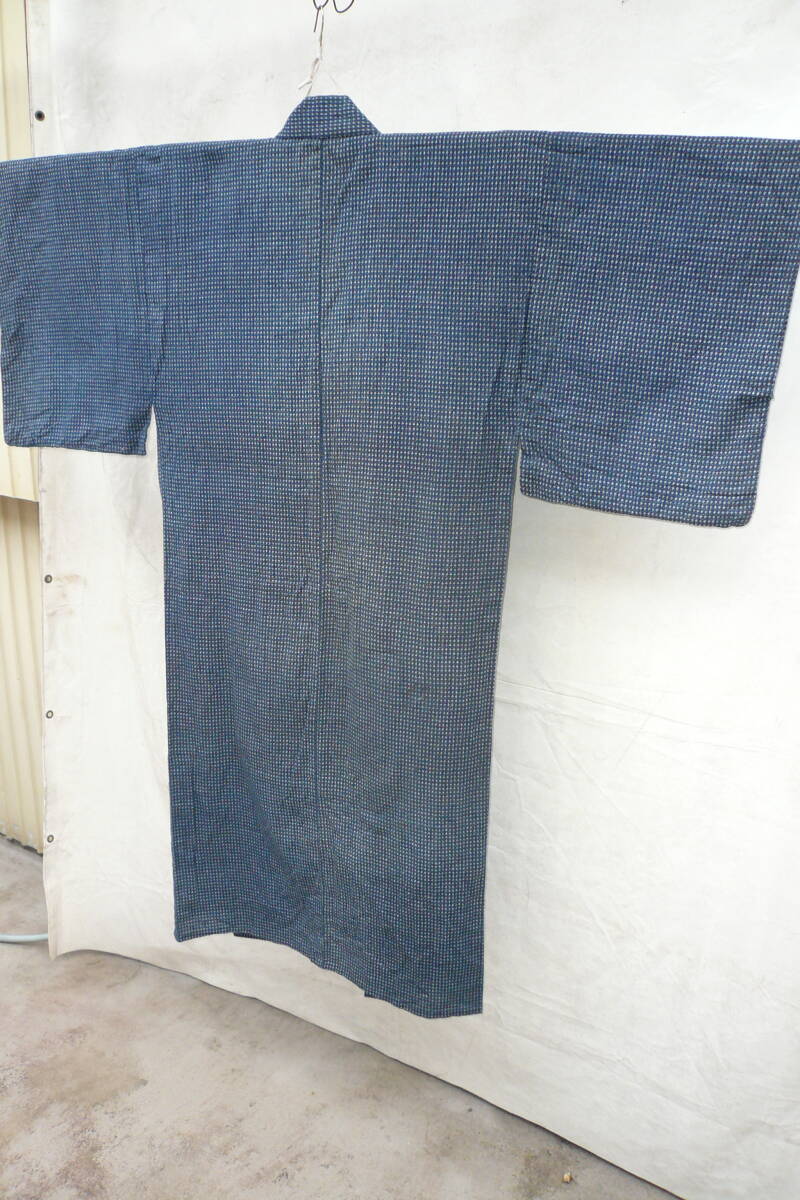 男性 お誂え 久留米絣 単衣 着物 身丈 134 裄 62 中古 シミ有 ボロ 藍染の画像3