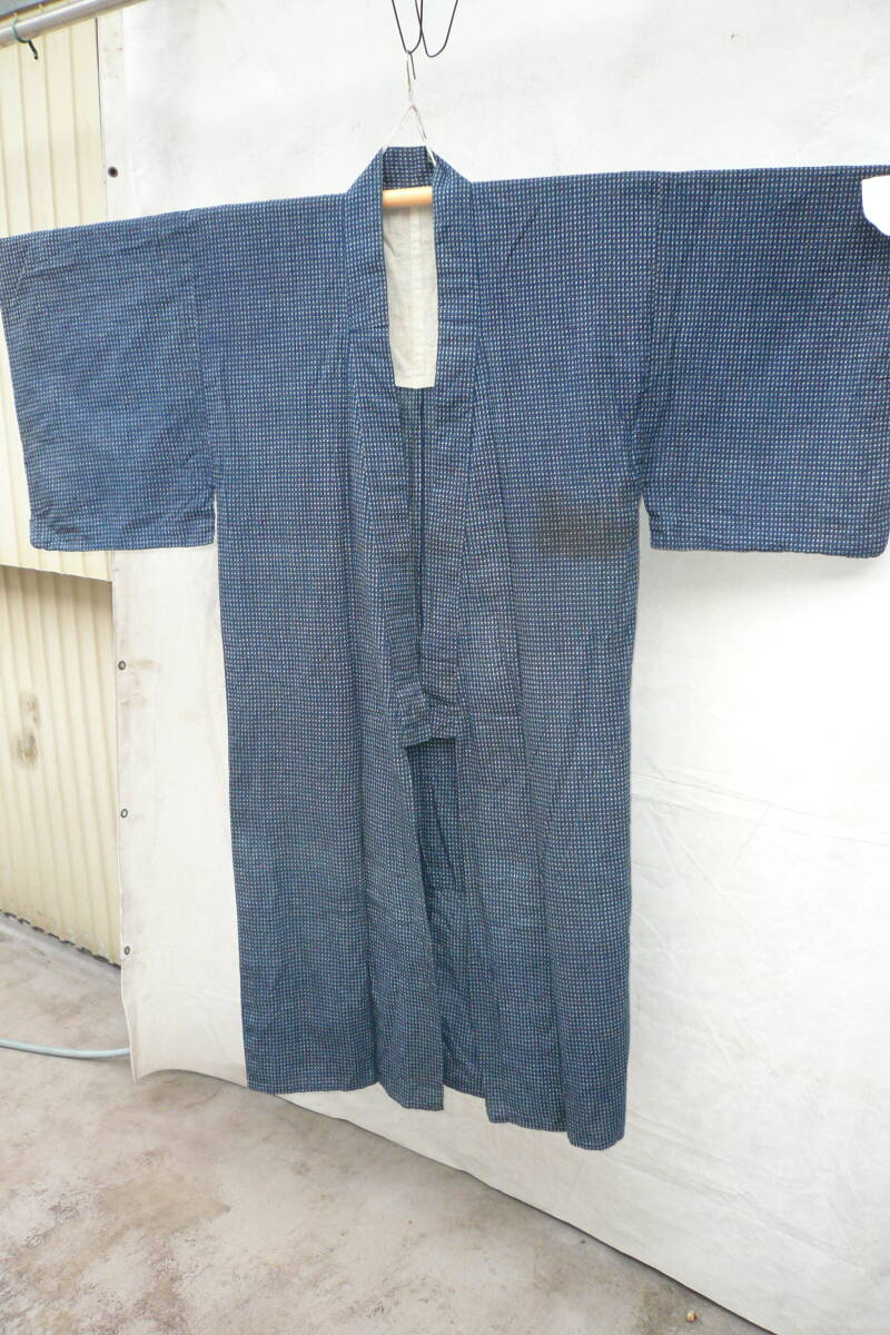 男性 お誂え 久留米絣 単衣 着物 身丈 134 裄 62 中古 シミ有 ボロ 藍染の画像2